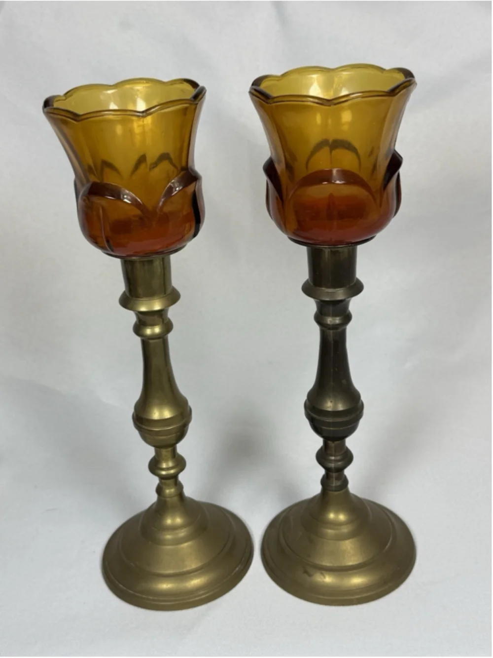 Pair Solid Brass Candlesticks Amber Glass Tulip Votive Holders Made In India